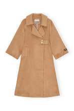 Load image into Gallery viewer, A light brown wool coat from Ganni. With pocket and a small bouckle. 
