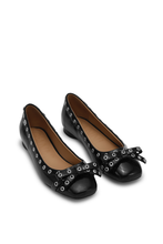 Load image into Gallery viewer, Top view of the Ganni Eyelets Bow Ballerina Naplack. Flats from Ganni in the color black, featuring a bow for added style. 
