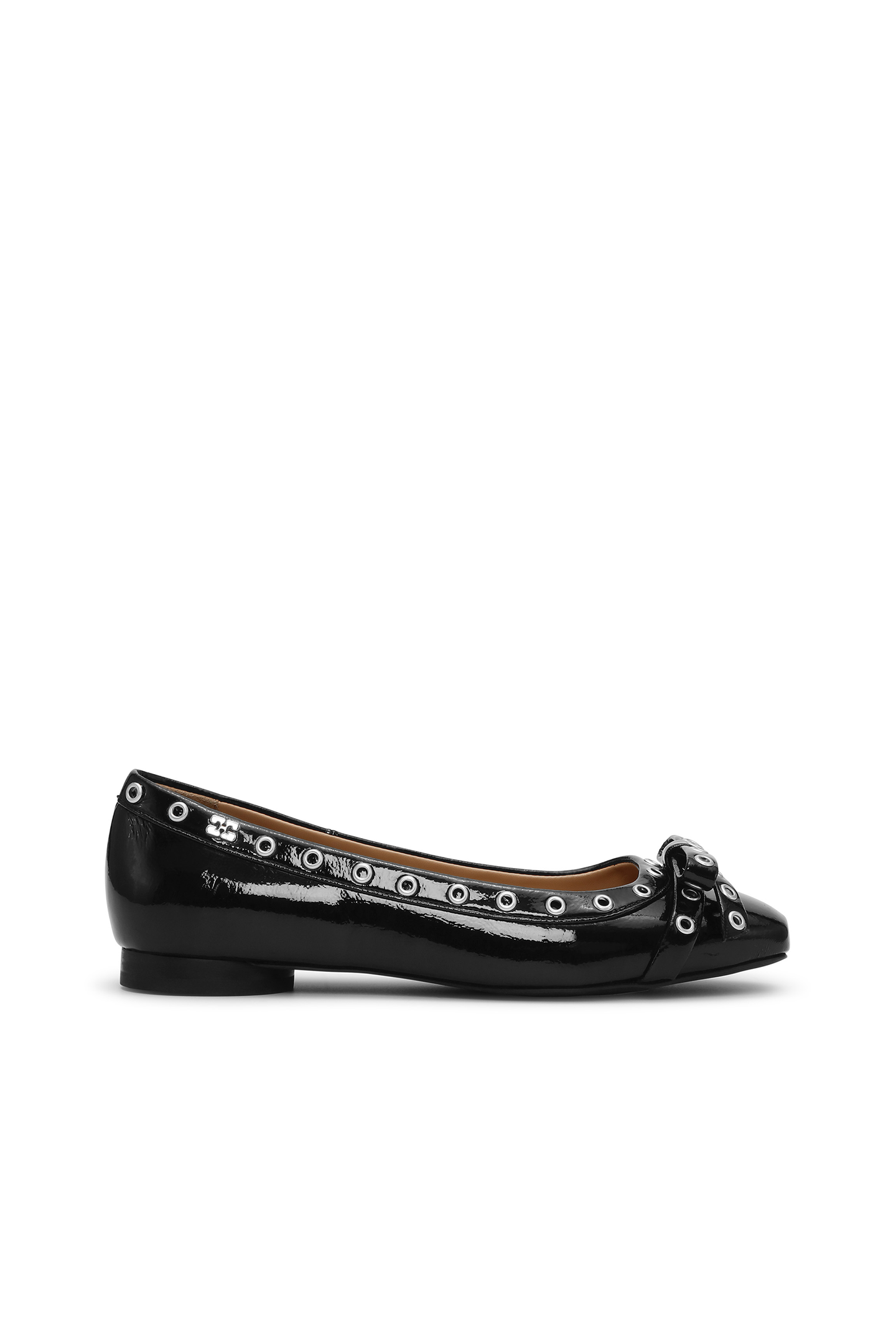 Sideview of Ganni Eyelets Bow Ballerina Naplack flat shoes. Black shoes with little bow for added style. 