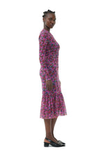 Load image into Gallery viewer, Printed Mesh Long Sleeve Gathered Midi Dress
