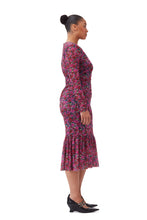 Load image into Gallery viewer, Printed Mesh Long Sleeve Gathered Midi Dress
