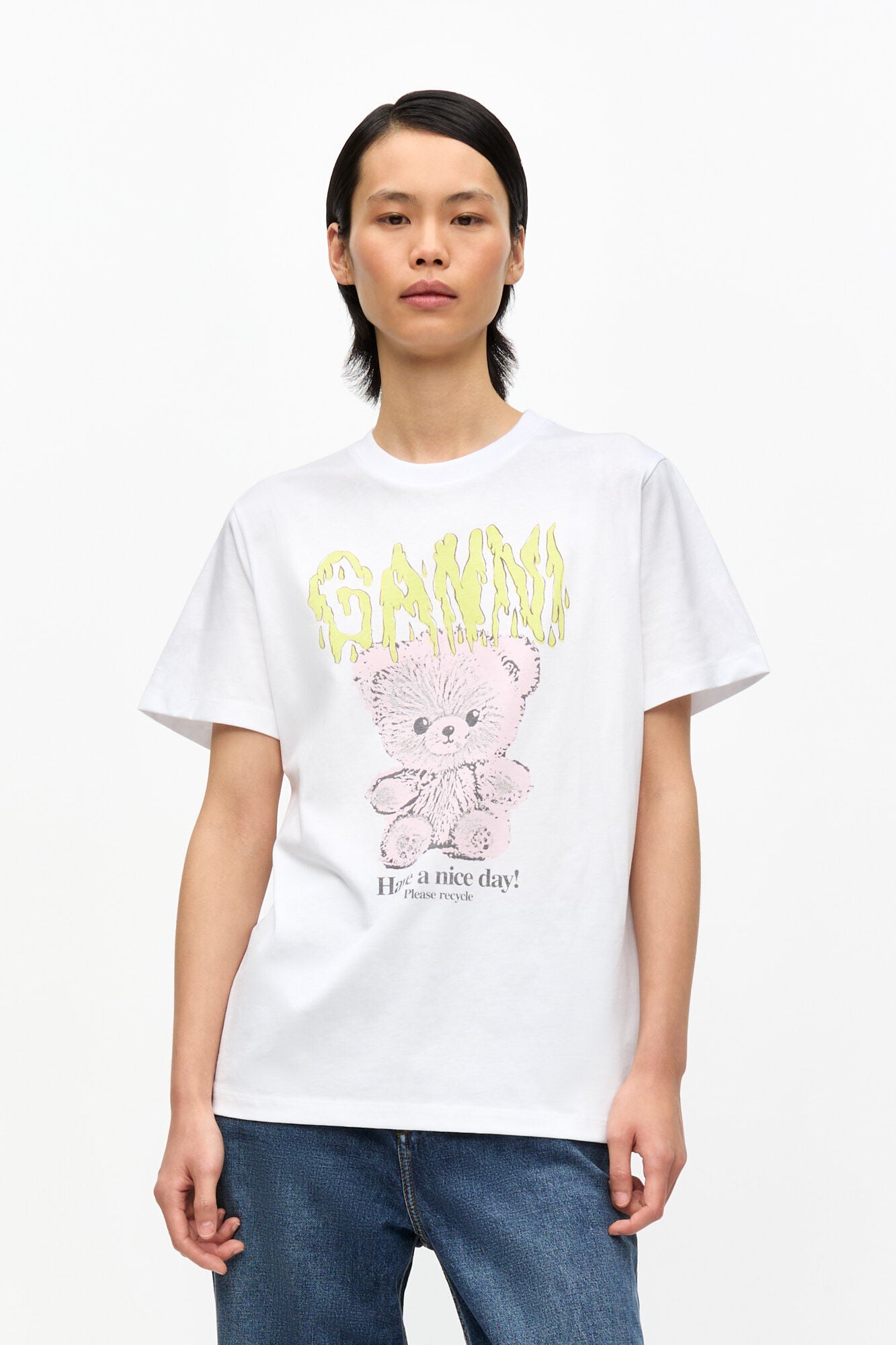 WHITE BASIC COTTON JERSEY TEDDY RELAXED T-SHIRT