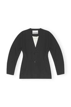 Load image into Gallery viewer, Black Drapey melange blazer from Ganni with fitted sleeves and black buttons. 
