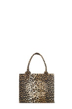 Load image into Gallery viewer, Ganni Large easy Shopper bag. Square shaped bag in leopard pattern, also featuring Ganni and it&#39;s catchphrase written out in white. 
