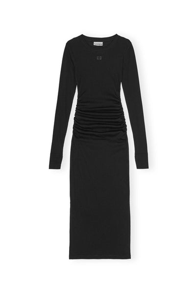 Soft Cotton Rib Long Dress from Ganni. A tight longsleeved black dress with ruffles across the waist. 