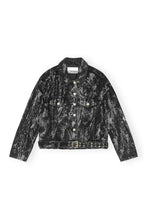 Load image into Gallery viewer, Denim jacket from Ganni in washed black and black pattern. Belt in same coloring at the jacket&#39;s bottom for added style. 
