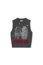 Load image into Gallery viewer, A grey west from Ganni made out of mixed  wool. Featuring two cats and Ganni written in red lettering on the front side of the vest. 
