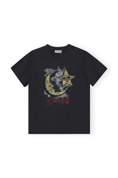 A Black t-shirt from Ganni, featuring the moon and a star alongside Ganni written in red lettering. 