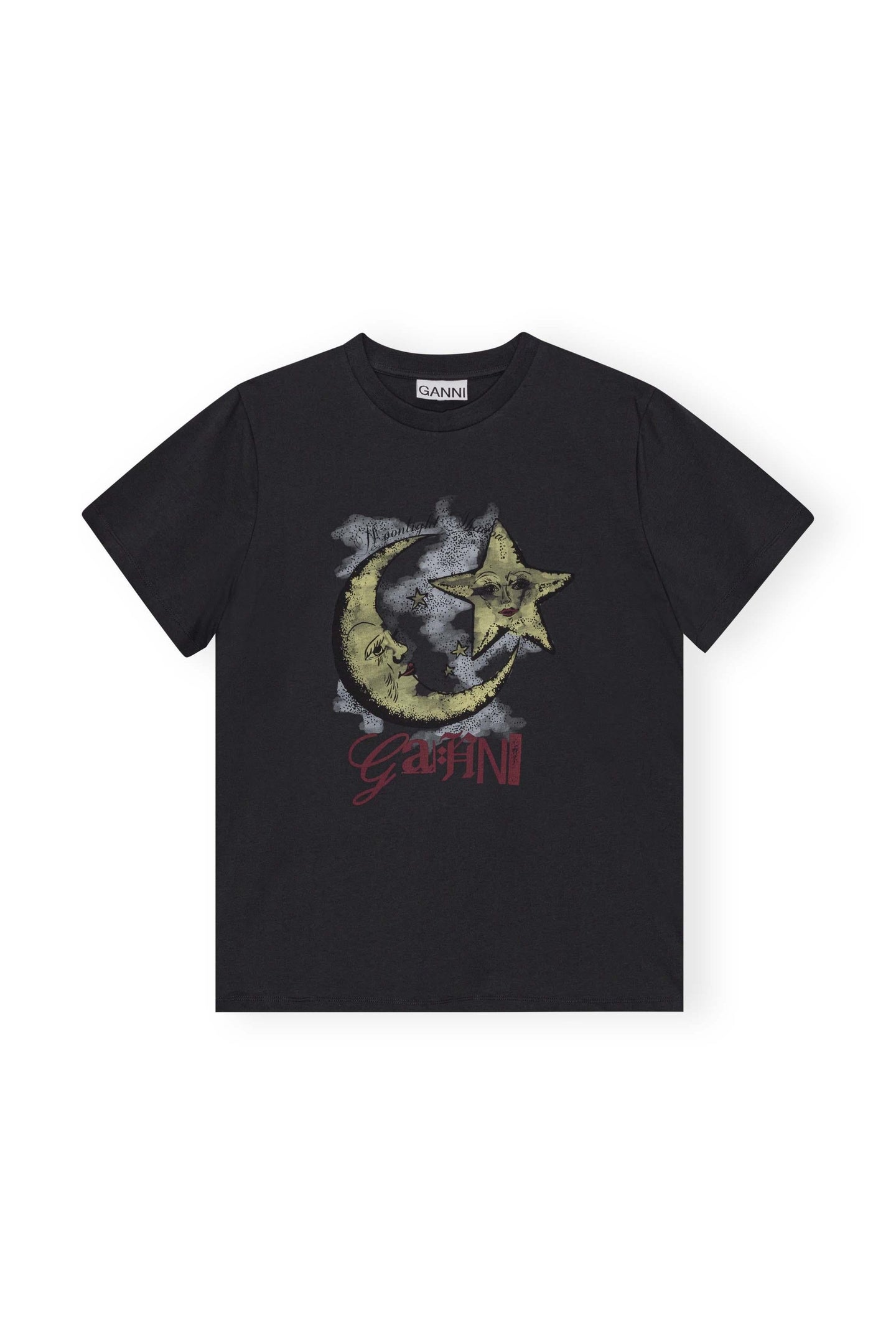 A Black t-shirt from Ganni, featuring the moon and a star alongside Ganni written in red lettering. 