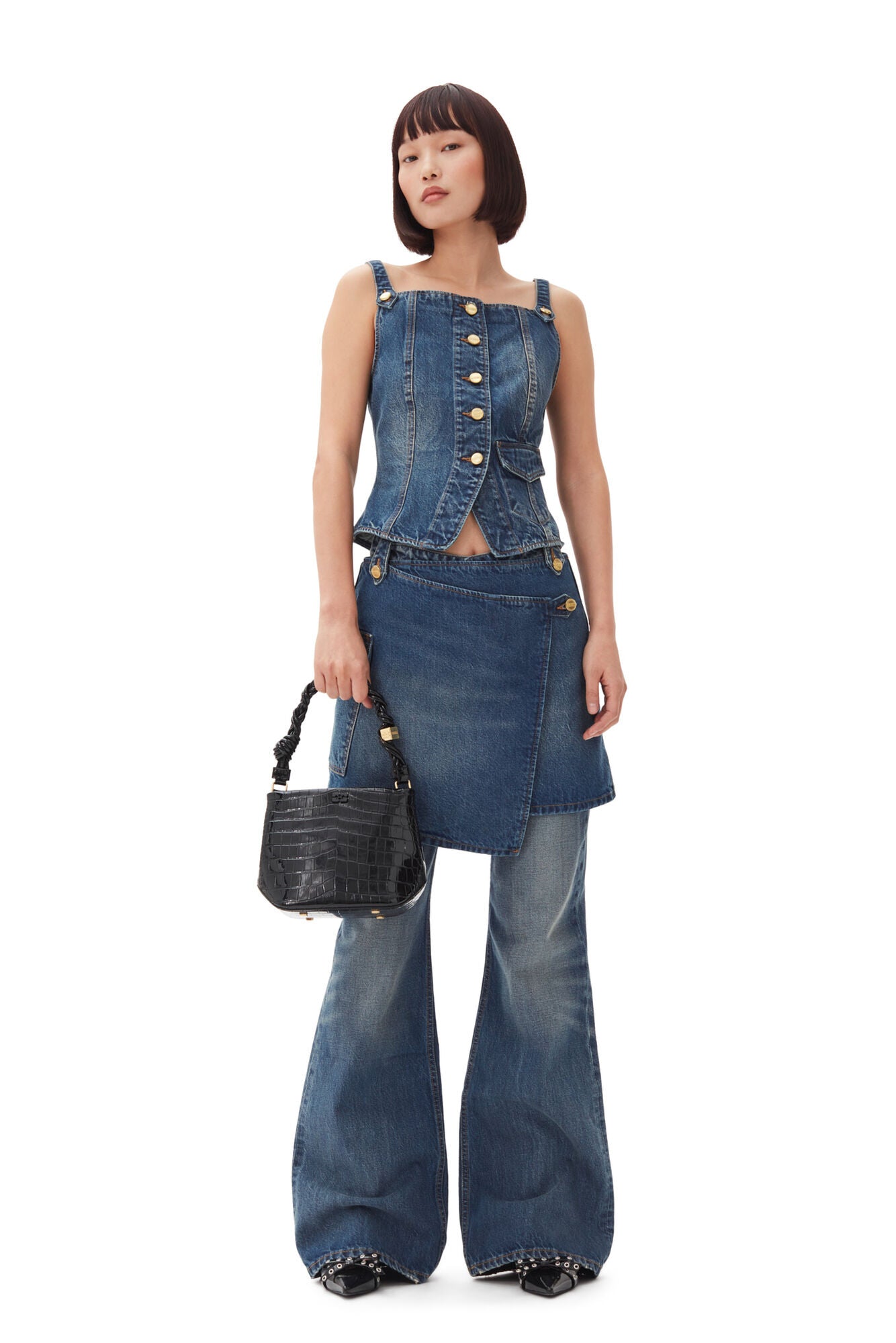 Heavy Washed Denim Flared Skirt Jeans