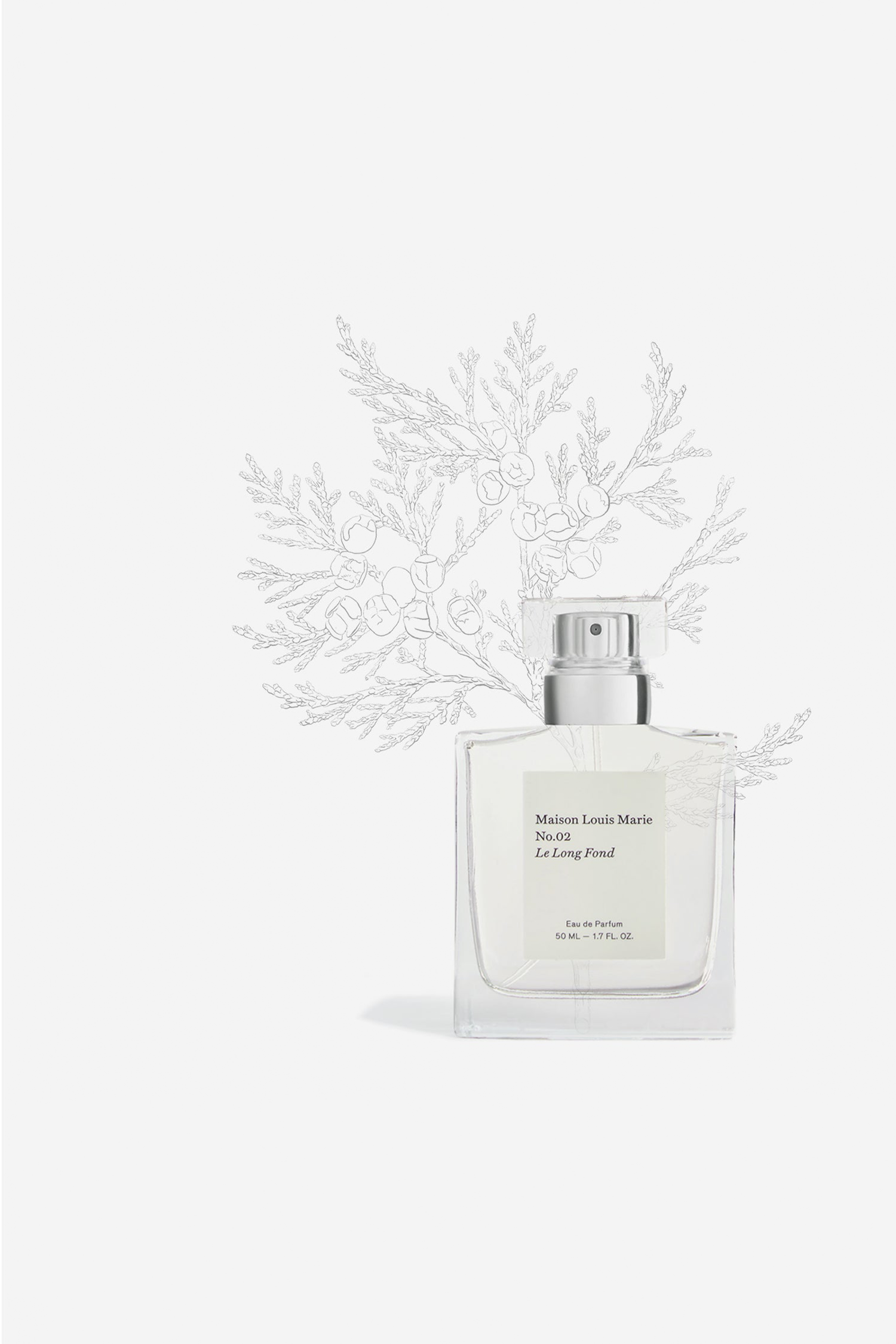 Maison louise marie eau de parfum with scent no.02. Handdrawn image of scent ingredients in the background.