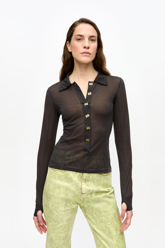 Sheer Mesh Jersey Buttoned Collar Top