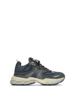 Load image into Gallery viewer, Side view of a black and grey Axel Arigato Sphere Runner sneaker with mesh and leather panels, featuring a chunky off-white sole.
