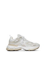 Load image into Gallery viewer, Side view of a White and Off-white Axel Arigato Sphere Runner sneaker with mesh and leather panels, featuring a chunky white sole.
