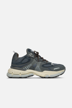 Load image into Gallery viewer, Side view of a black and grey Axel Arigato Sphere Runner sneaker with mesh and leather panels, featuring a chunky off-white sole.
