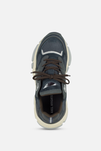 Load image into Gallery viewer, Top view of a black and grey Axel Arigato Sphere Runner sneaker with mesh and leather panels, featuring a chunky off-white sole.
