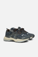 Load image into Gallery viewer, Side view of a black and grey Axel Arigato Sphere Runner sneaker with mesh and leather panels, featuring a chunky off-white sole.
