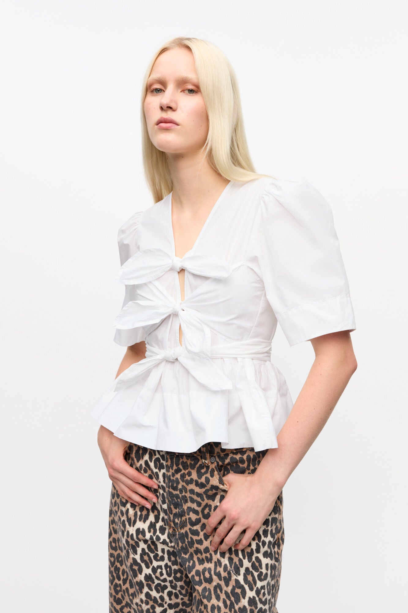 Washed Stretch Cotton Tie Strap Blouse