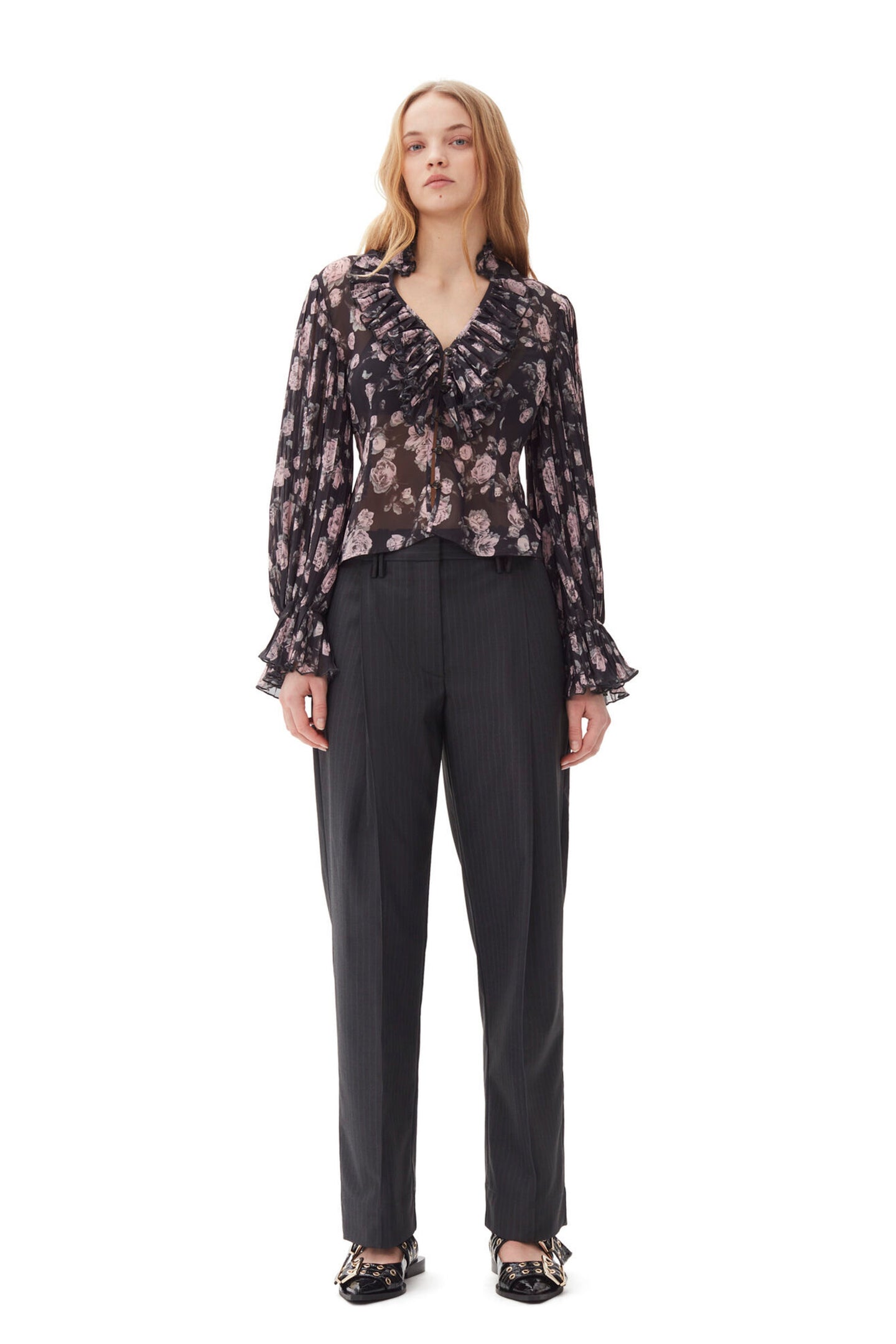 Melange Stripe Suiting Relaxed Pleated Pants