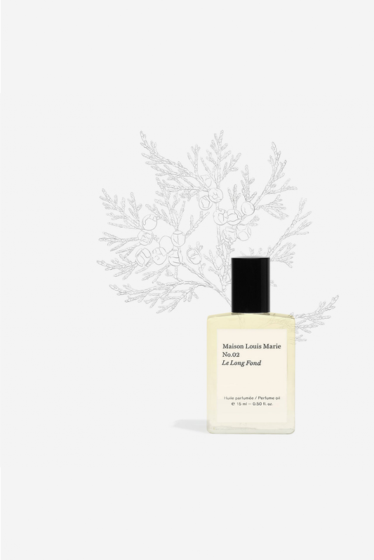 Perfume oil from maison louise marie in scent no.02 le long ford. with handdrawn image of scent ingredients in the background.