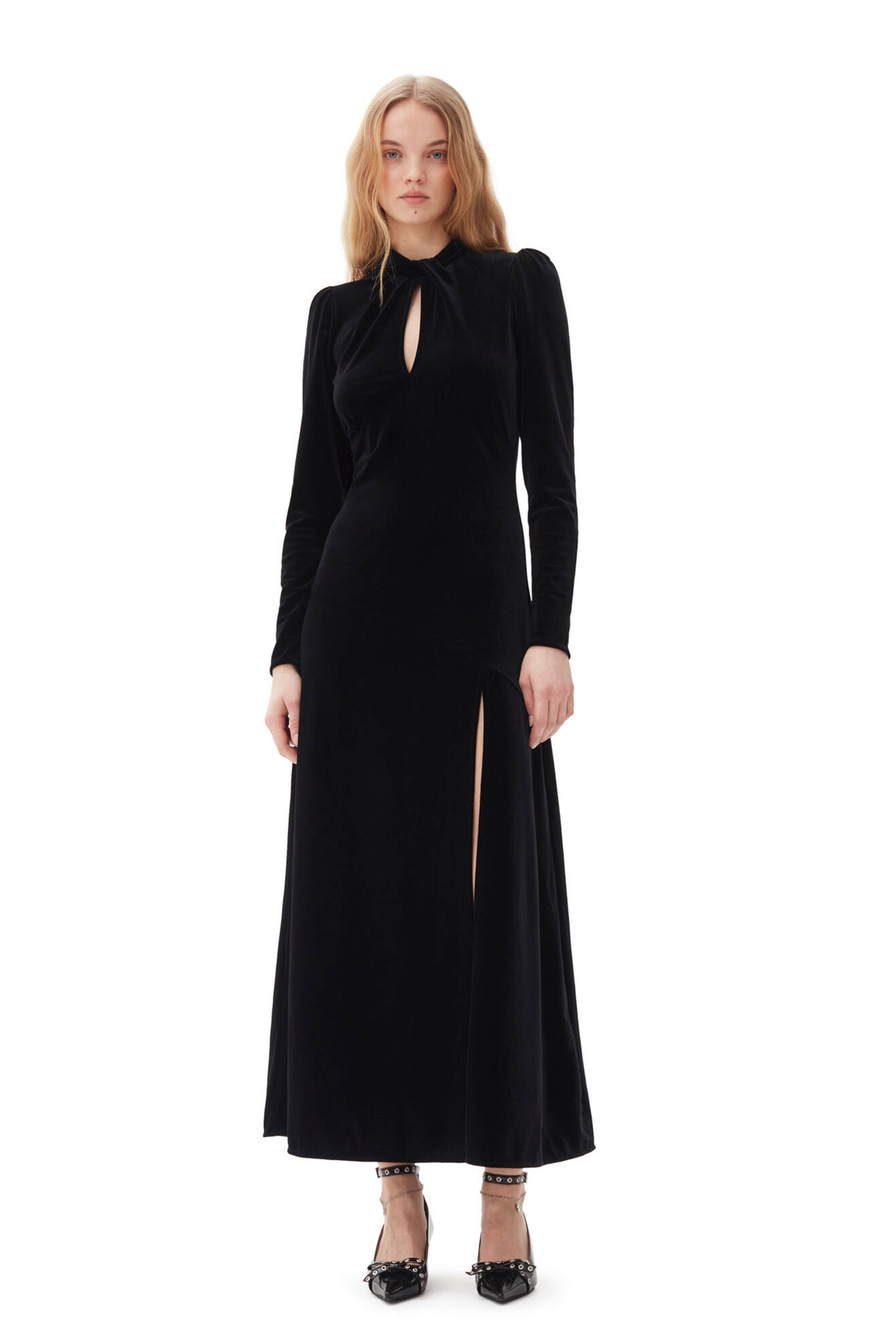 Velvet Jersey Gathered Long Dress